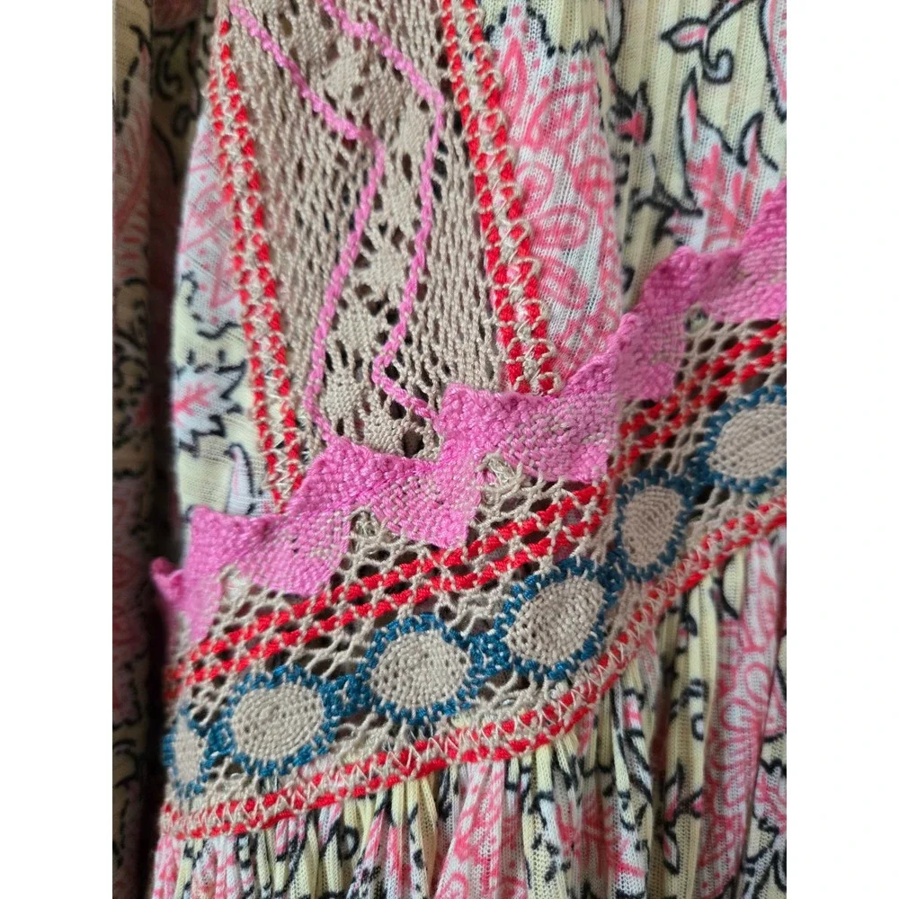 Free People XL Pink Floral Crochet Lace Moon Child Balloon Sleeve Dress Oversize